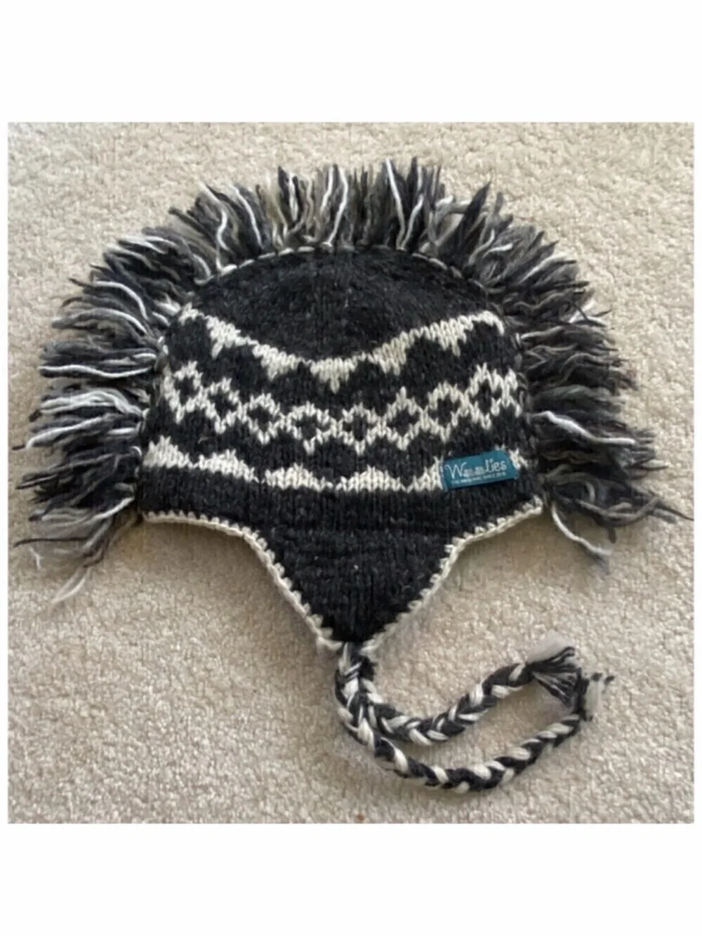 Woolies Wool Hat Cap Ear Flap L Grey Beanie Polar Fleece Lined Nepal Aztec Ikat